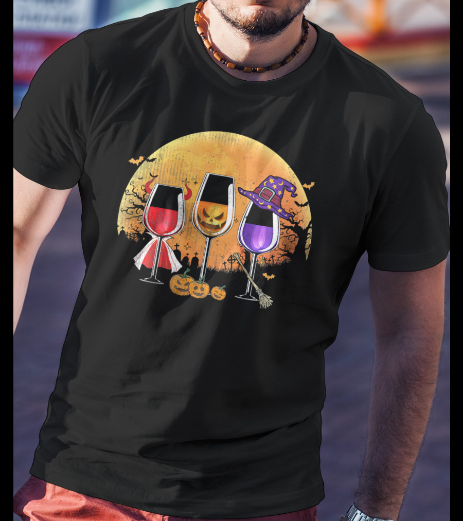 Three Wine Glasses Halloween Pumpkin Witch Hat Bats Moon And Jack-O'-Lanterns T-Shirt