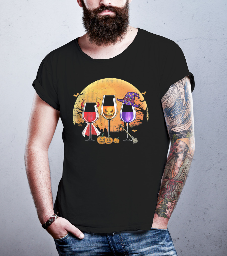 Three Wine Glasses Halloween Pumpkin Witch Hat Bats Moon And Jack-O'-Lanterns T-Shirt