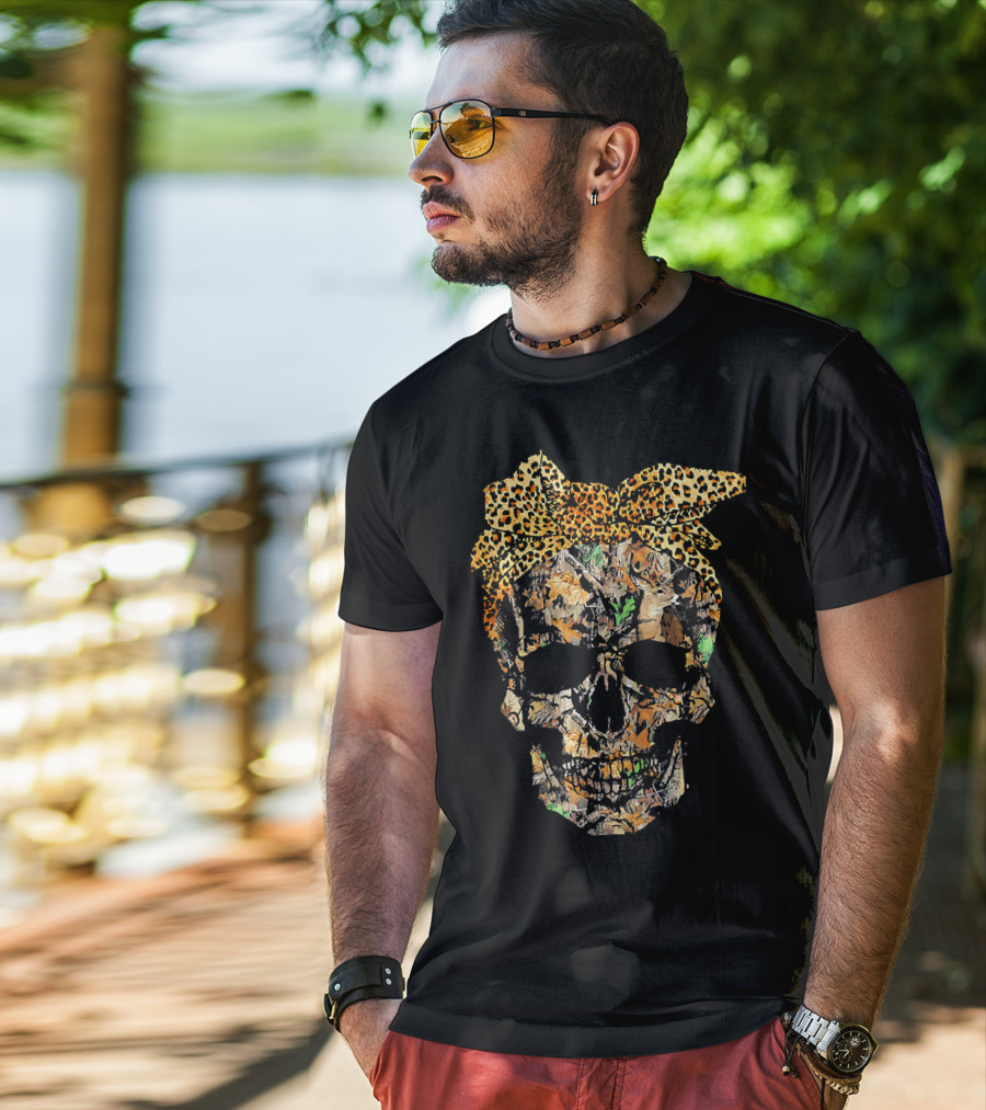 Camouflage Skull With Leopard Print Bow And Hunting Elements T-Shirt
