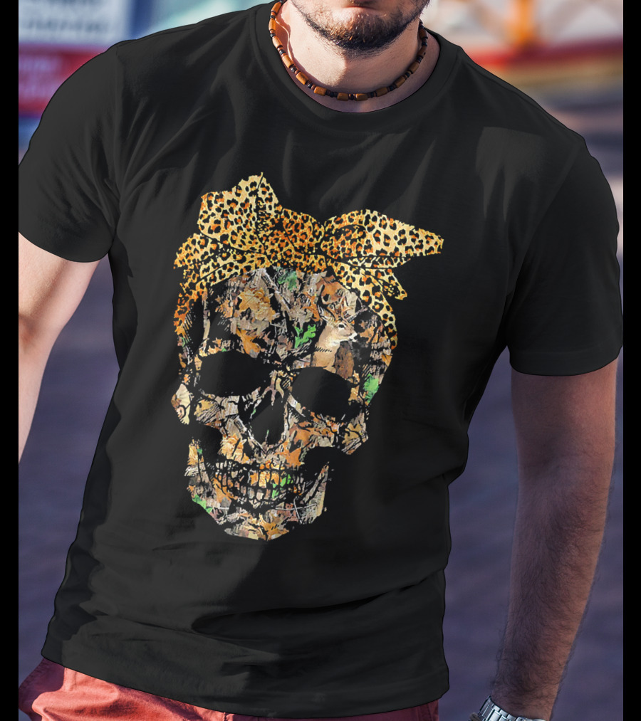 Camouflage Skull With Leopard Print Bow And Hunting Elements T-Shirt