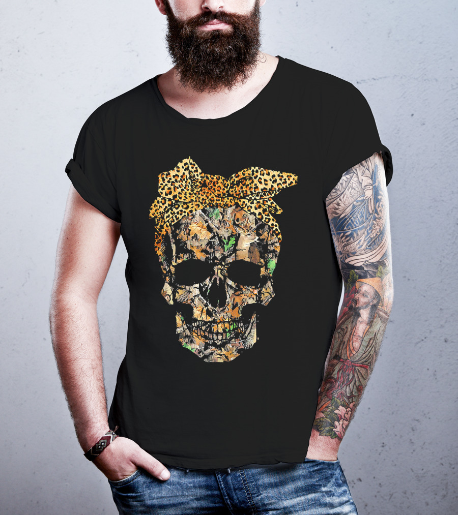 Camouflage Skull With Leopard Print Bow And Hunting Elements T-Shirt