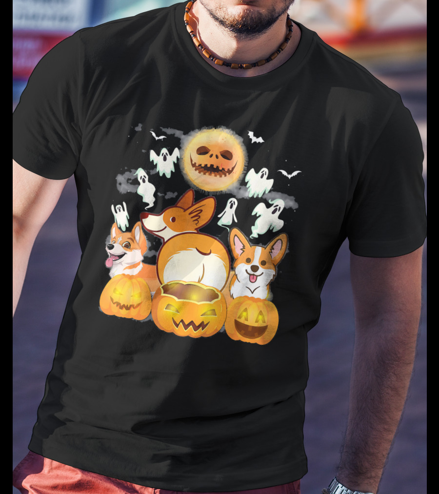 Welsh Corgi Cardigans Pumpkin Ghosts Halloween Team With Spooky Bats T-Shirt