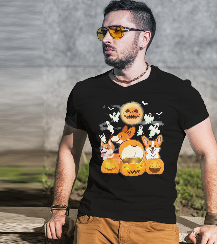 Welsh Corgi Cardigans Pumpkin Ghosts Halloween Team With Spooky Bats T-Shirt
