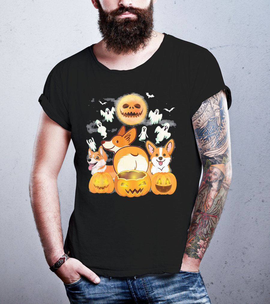 Welsh Corgi Cardigans Pumpkin Ghosts Halloween Team With Spooky Bats T-Shirt