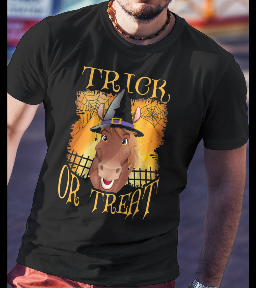 Trick Or Treat Horse With Witch Hat And Spider Web T-Shirt