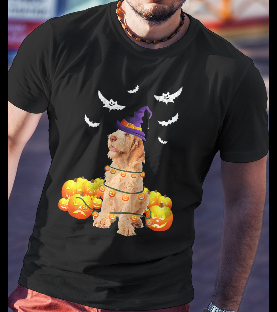 Spinone Italiano Dog Halloween Pumpkin Lights And Bats T-Shirt