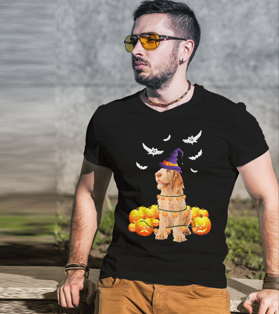Spinone Italiano Dog Halloween Pumpkin Lights And Bats T-Shirt