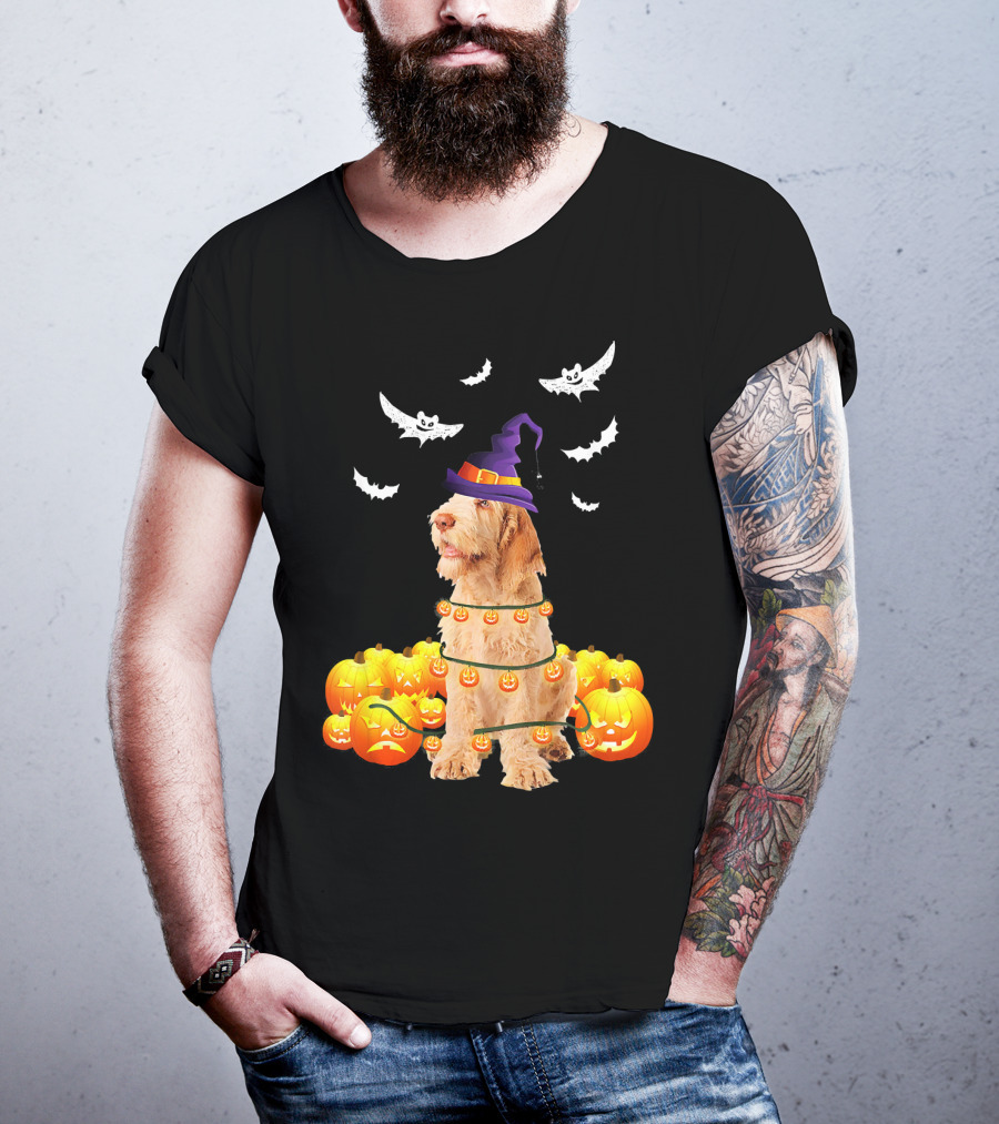 Spinone Italiano Dog Halloween Pumpkin Lights And Bats T-Shirt