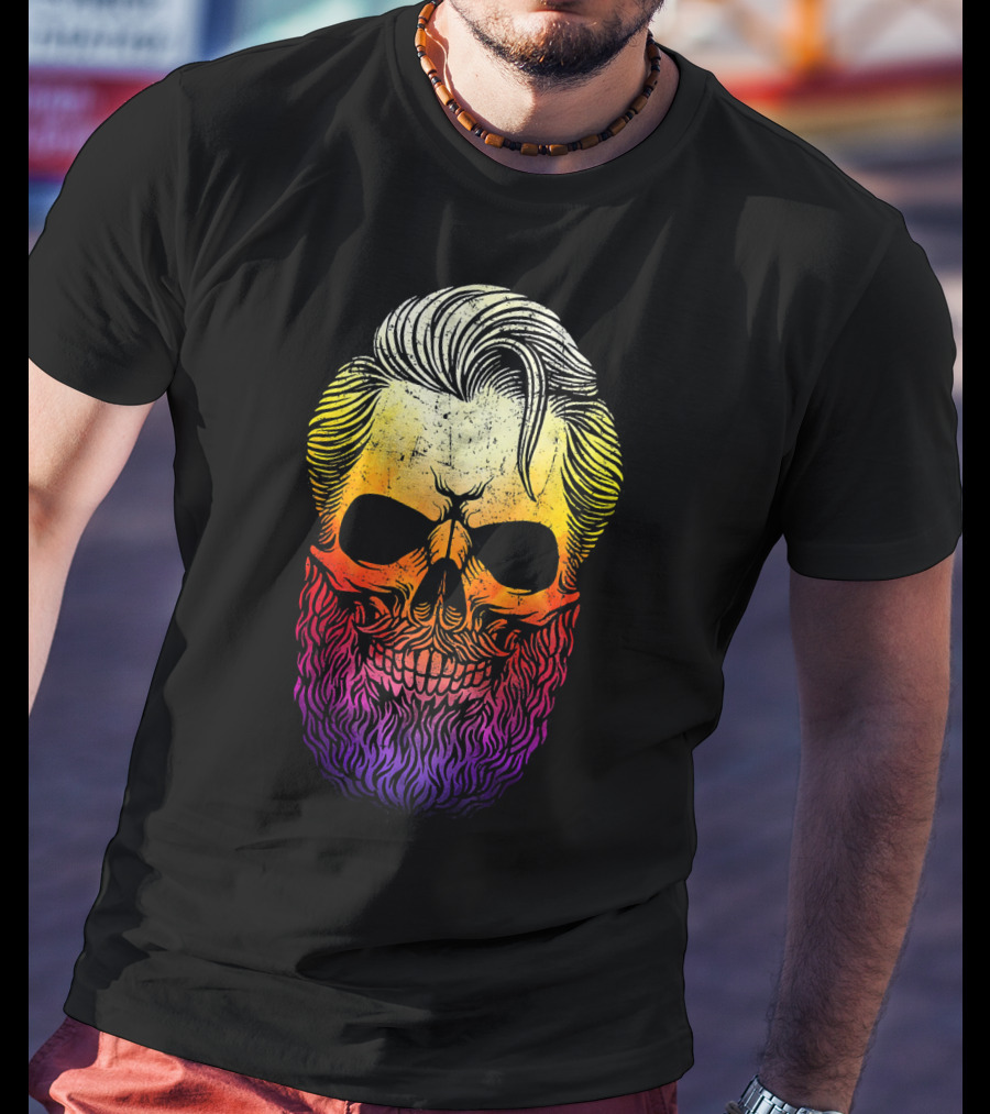 Creepy Bearded Skull With Colorful Gradient For Halloween And Ske T-Shirt