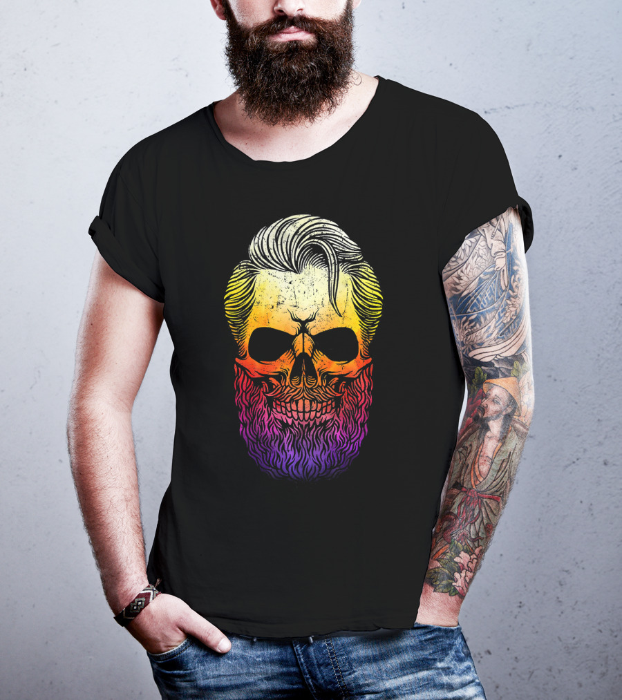Creepy Bearded Skull With Colorful Gradient For Halloween And Ske T-Shirt