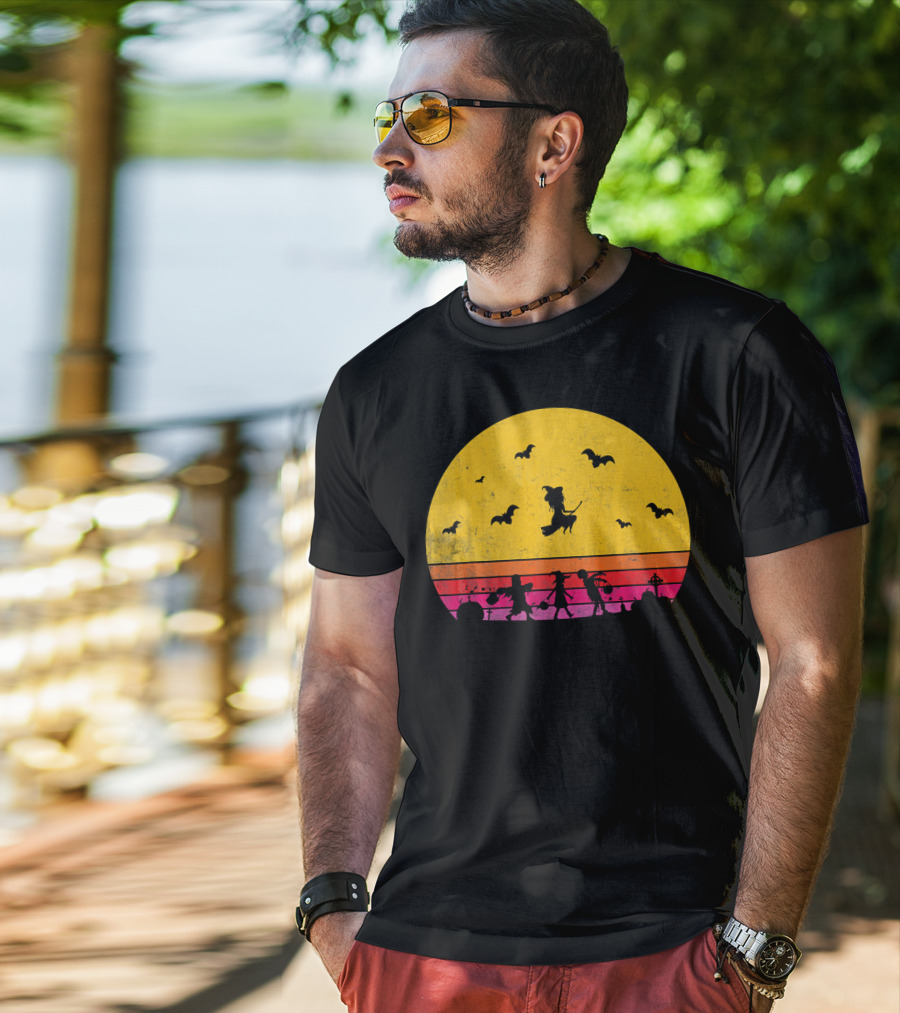 Horror Halloween Sunset Witch Bats Vintage T-Shirt