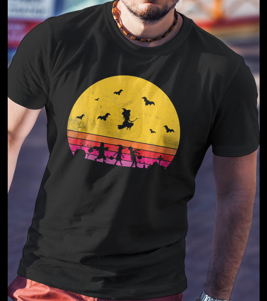 Horror Halloween Sunset Witch Bats Vintage T-Shirt