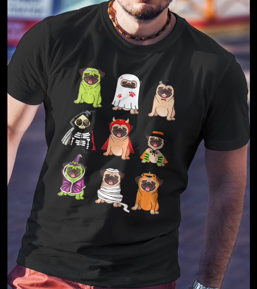 Pug Costume Halloween Funny Pugs Ghosts Skeleton Devil Witch Mummy Pumpkin Dogs T-Shirt