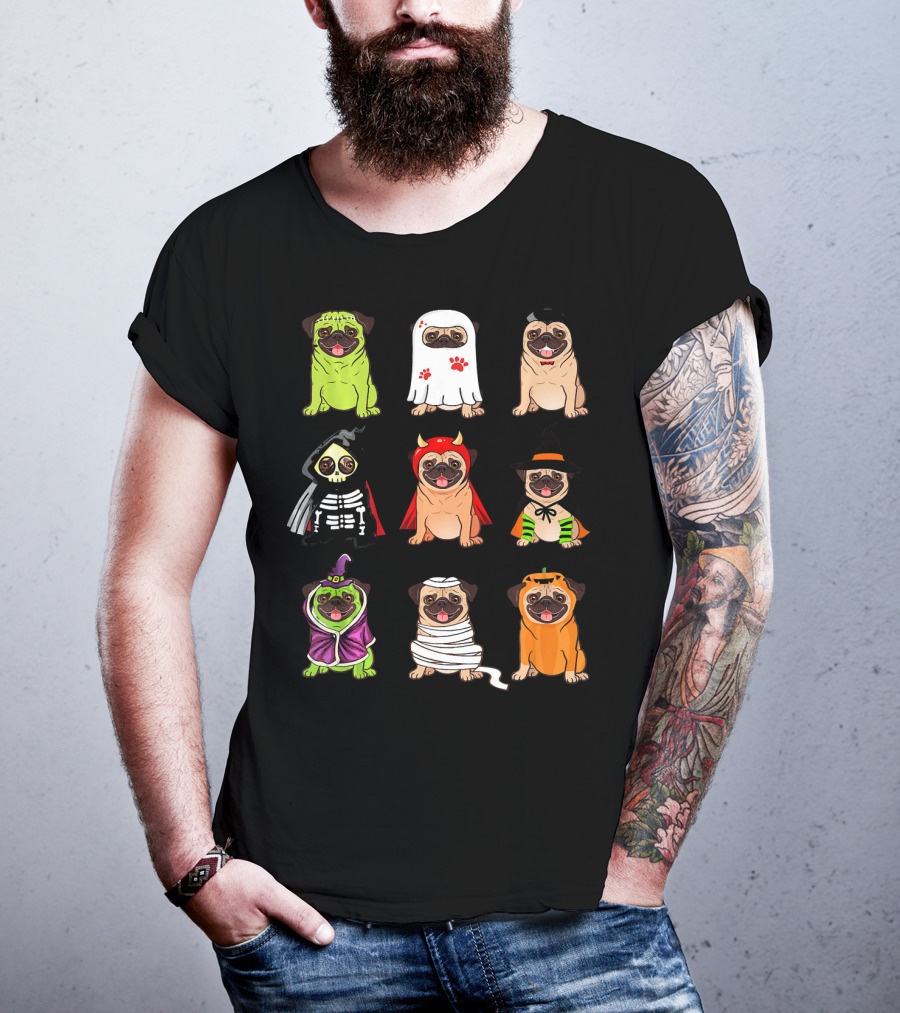 Pug Costume Halloween Funny Pugs Ghosts Skeleton Devil Witch Mummy Pumpkin Dogs T-Shirt