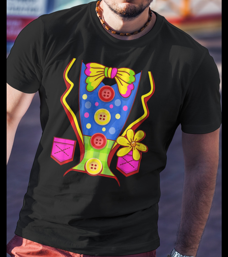 Clown Colorful Bow Tie And Buttons Outfit With Flower Pockets T-Shirt