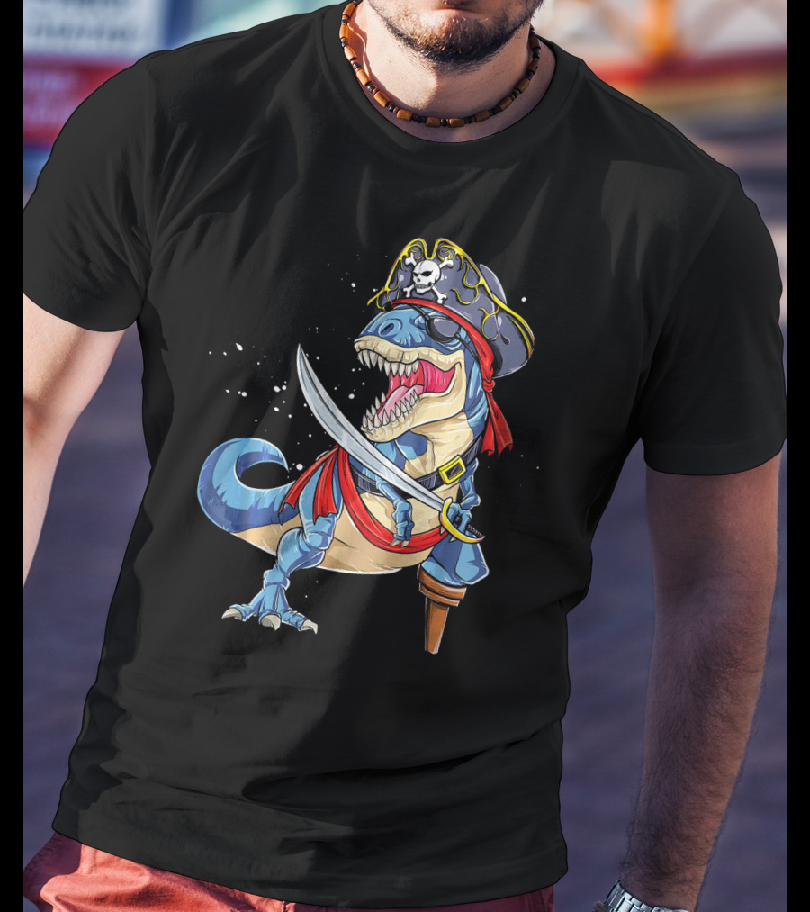 T-Rex Pirate Jolly Roger Dinosaur With Peg Leg And Sword T-Shirt