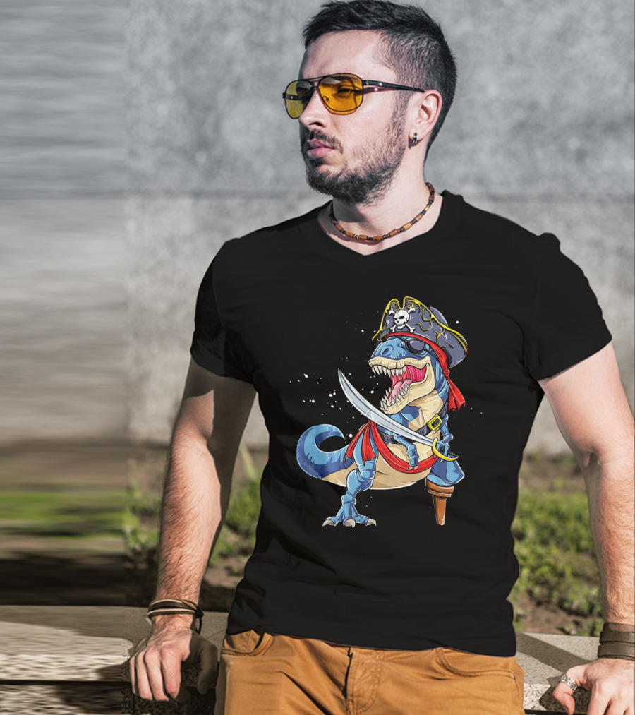 T-Rex Pirate Jolly Roger Dinosaur With Peg Leg And Sword T-Shirt