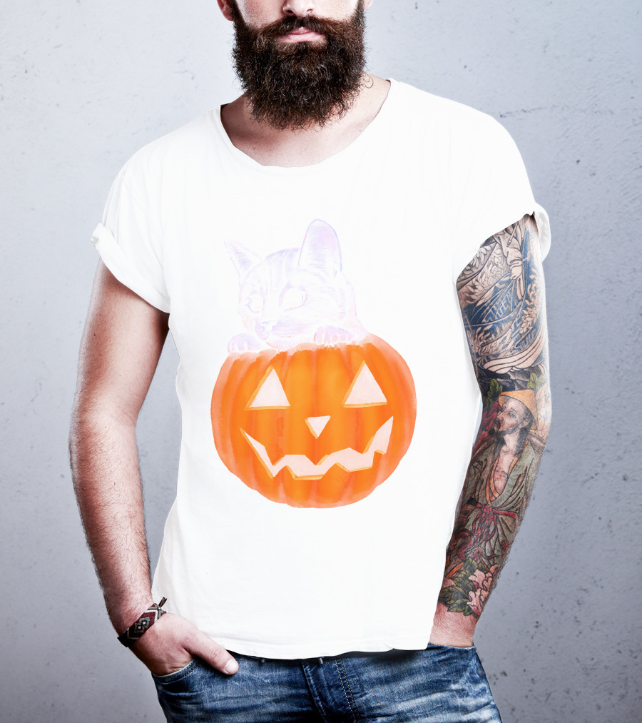 Kitten Peeking From Jack-O'-Lantern Pumpkin Halloween T-Shirt