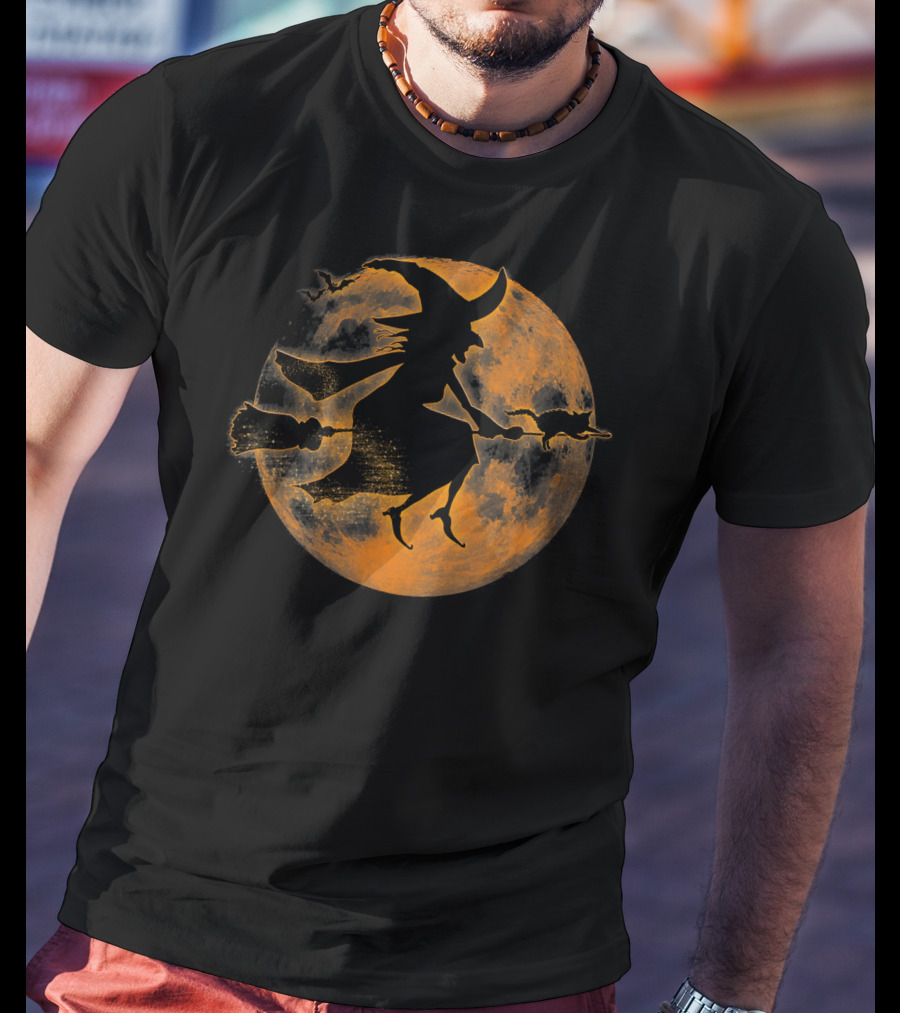 Halloween Spooky Witch And Cat On Broomstick Full Moon Scene T-Shirt