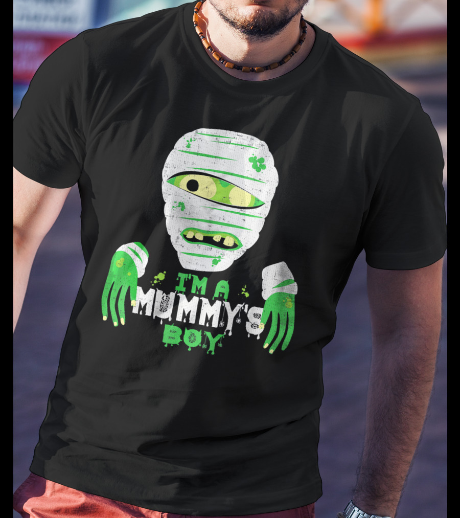 Creepy I'm A Mummy's Boy Green Cartoon Mummy Face And Hands T-Shirt