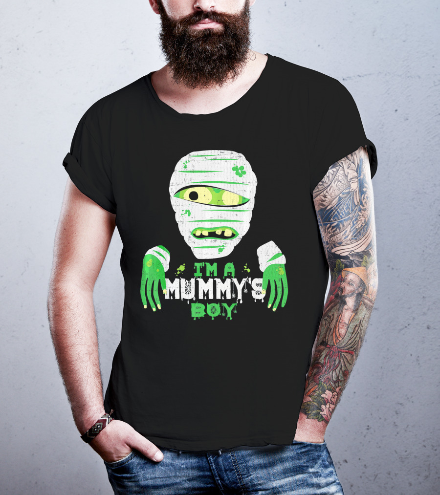 Creepy I'm A Mummy's Boy Green Cartoon Mummy Face And Hands T-Shirt