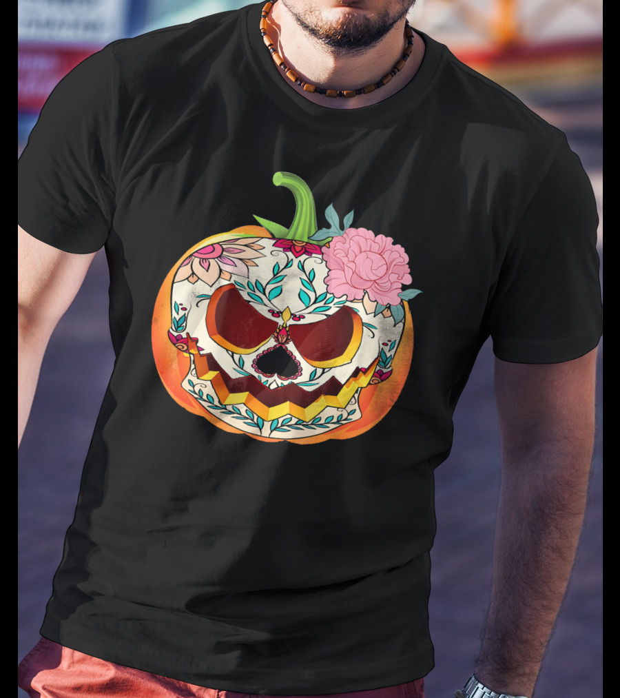 Day Of The Dead Pumpkin Sugar Skull With Floral T-Shirt