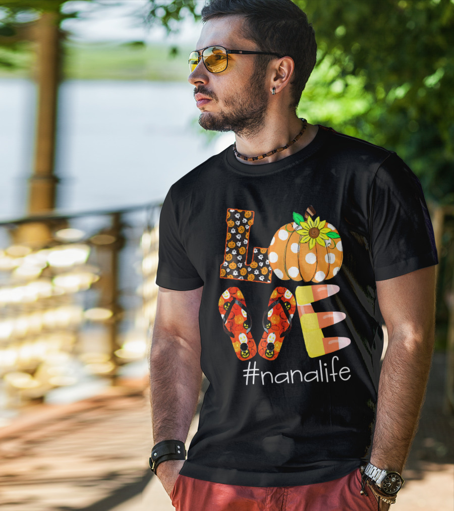 Nanalife Funny Love Pumpkin Flip Flops Halloween Candy Corn And Sunflower T-Shirt