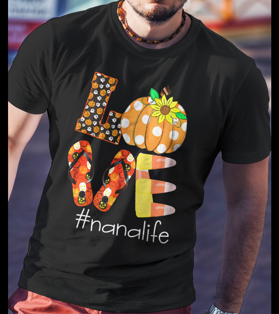 Nanalife Funny Love Pumpkin Flip Flops Halloween Candy Corn And Sunflower T-Shirt