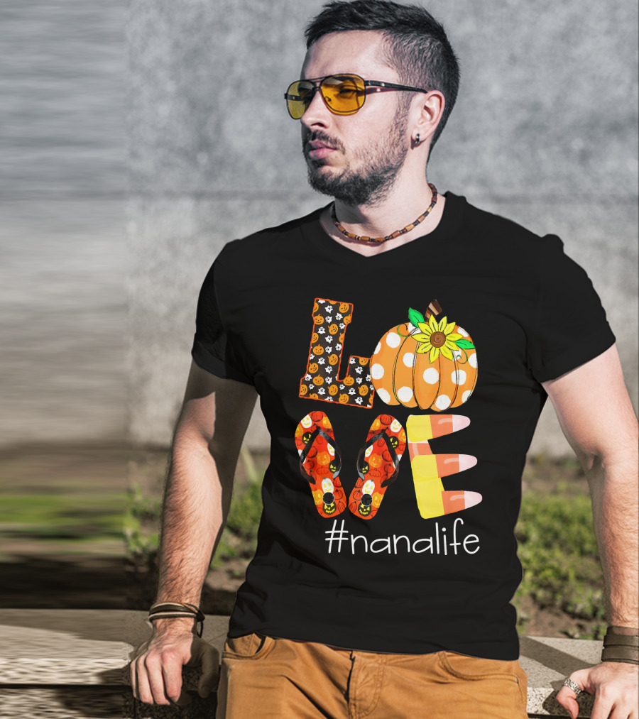 Nanalife Funny Love Pumpkin Flip Flops Halloween Candy Corn And Sunflower T-Shirt