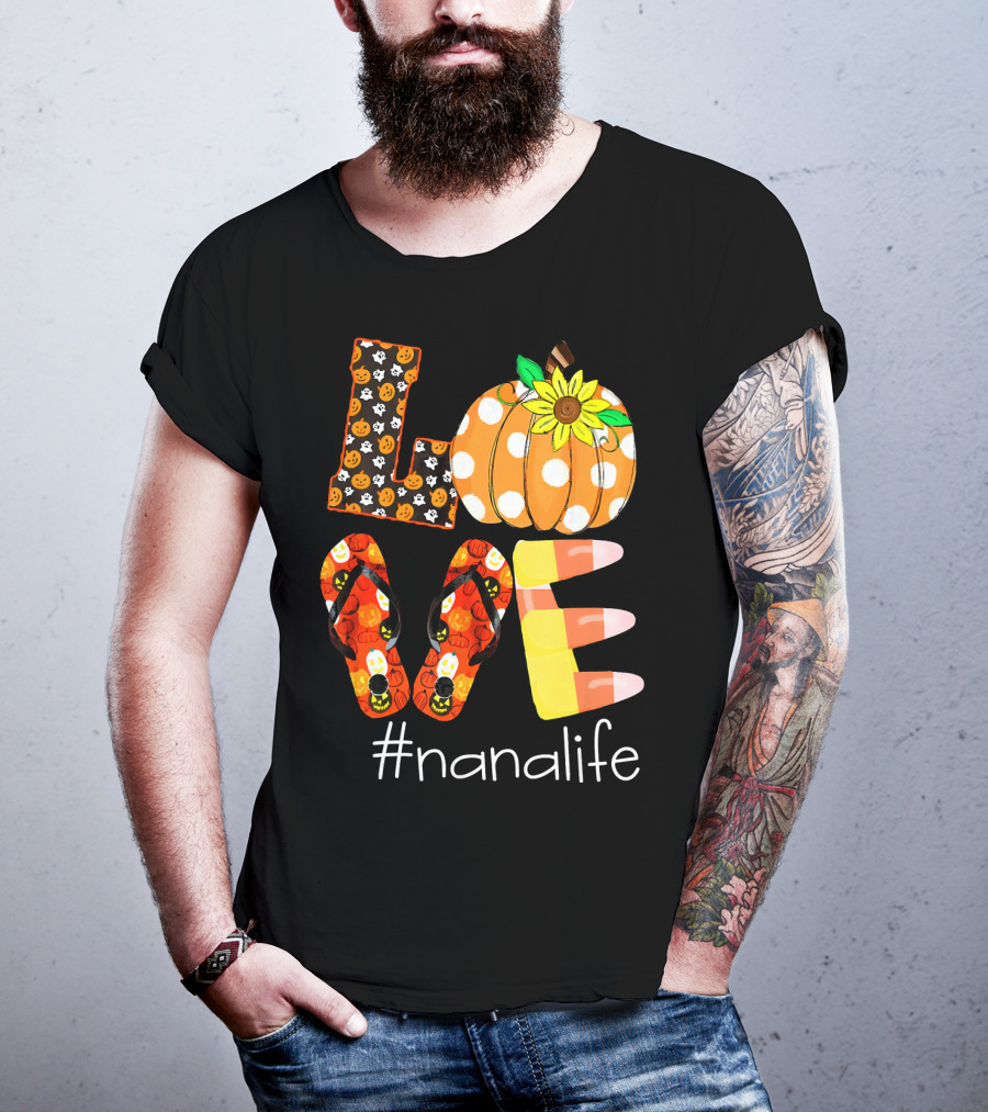 Nanalife Funny Love Pumpkin Flip Flops Halloween Candy Corn And Sunflower T-Shirt