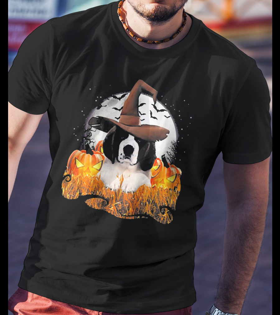 Cute Saint Bernard Dog Witch With Pumpkins And Full Moon T-Shirt
