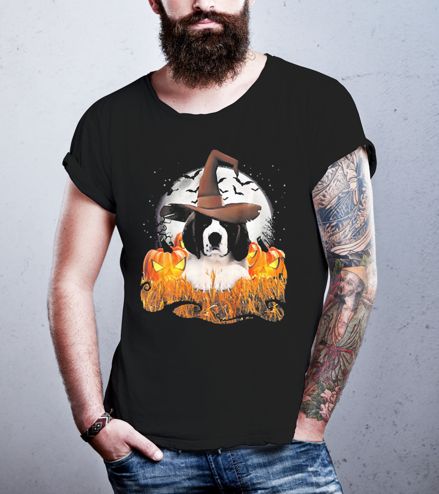 Cute Saint Bernard Dog Witch With Pumpkins And Full Moon T-Shirt