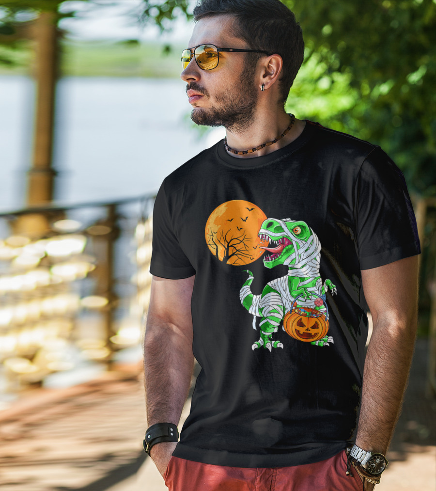 Halloween Mummy T Rex With Pumpkin Candy Under Full Moon T-Shirt
