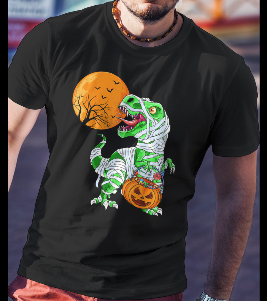Halloween Mummy T Rex With Pumpkin Candy Under Full Moon T-Shirt
