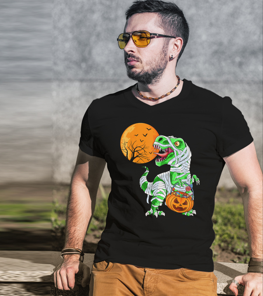 Halloween Mummy T Rex With Pumpkin Candy Under Full Moon T-Shirt