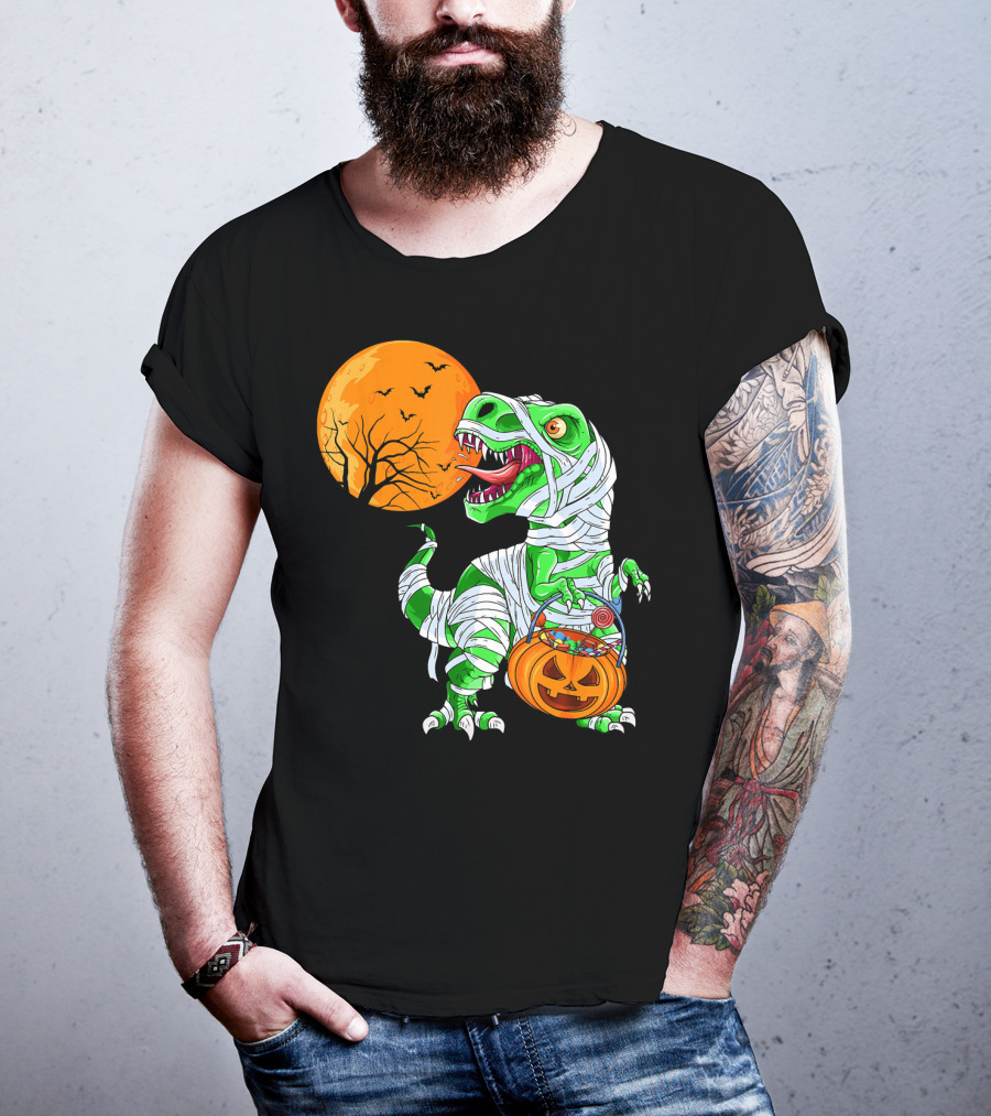 Halloween Mummy T Rex With Pumpkin Candy Under Full Moon T-Shirt
