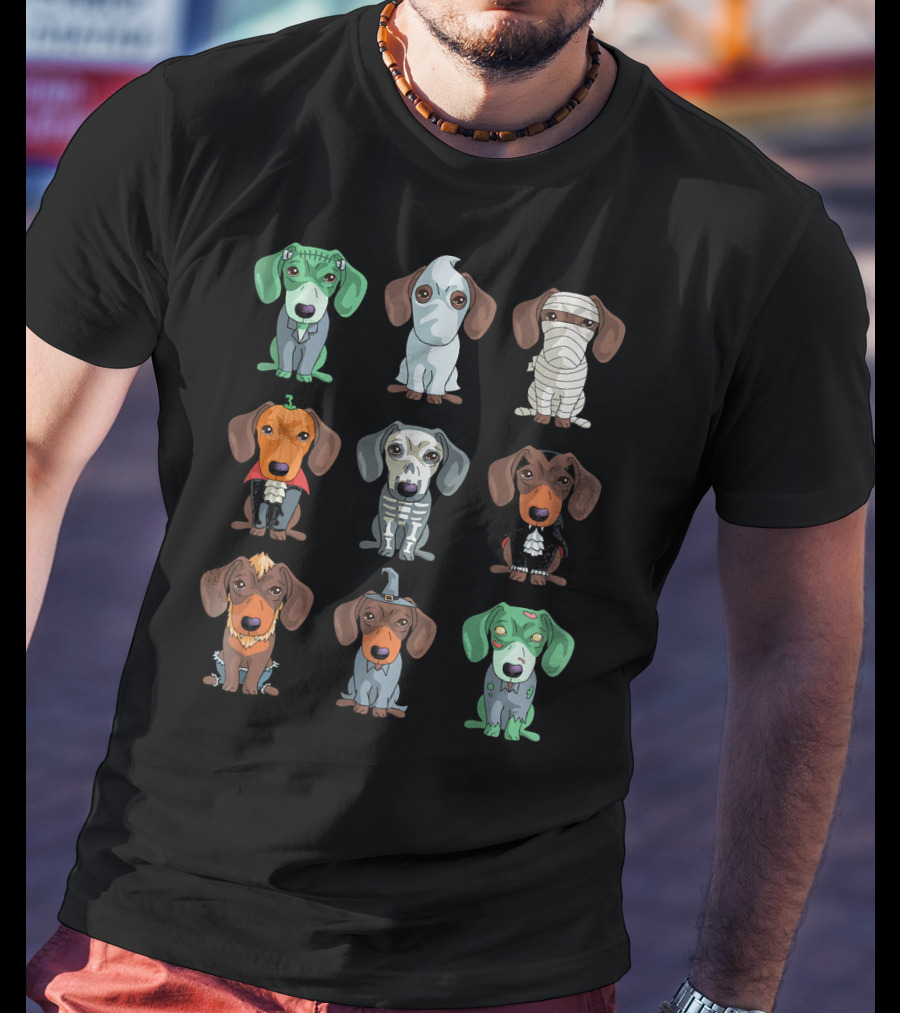 Dachshund Halloween Funny Weiner Frankenstein Ghost Mummy Pumpkin Skeleton Vampire Wizard Zombie Monster T-Shirt
