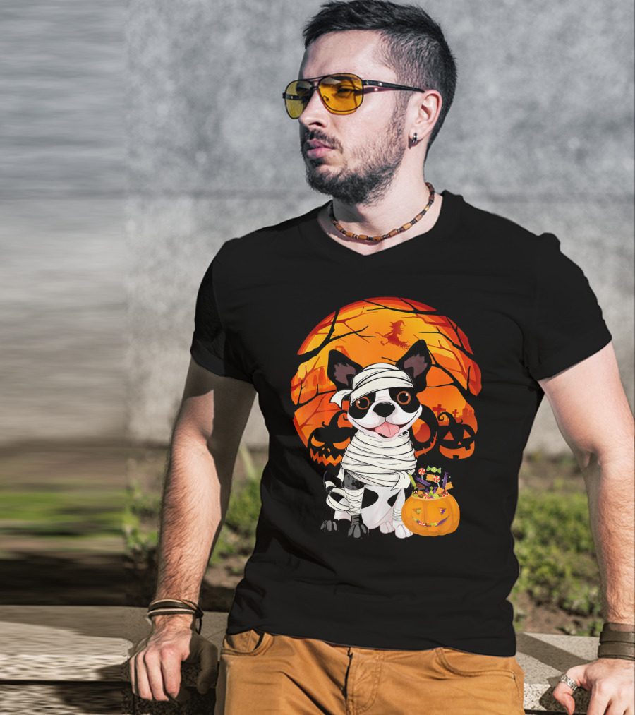 Halloween Kids Boston Terrier Mummy With Pumpkin And Witch T-Shirt