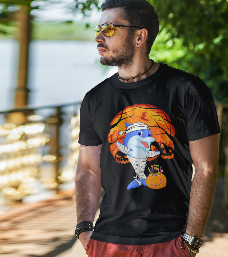 Halloween Dolphin Mummy With Candy Pumpkin And Witch Full Moon T-Shirt