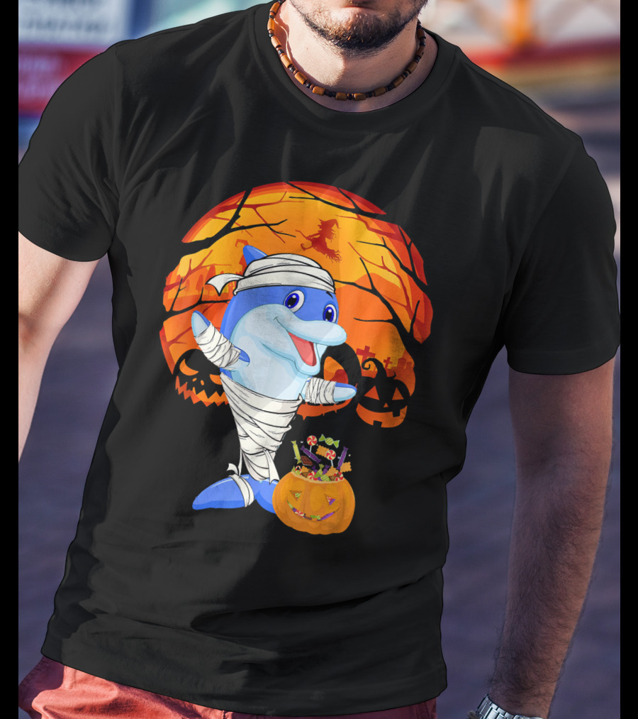 Halloween Dolphin Mummy With Candy Pumpkin And Witch Full Moon T-Shirt
