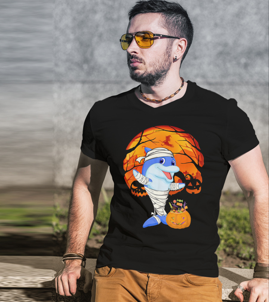 Halloween Dolphin Mummy With Candy Pumpkin And Witch Full Moon T-Shirt
