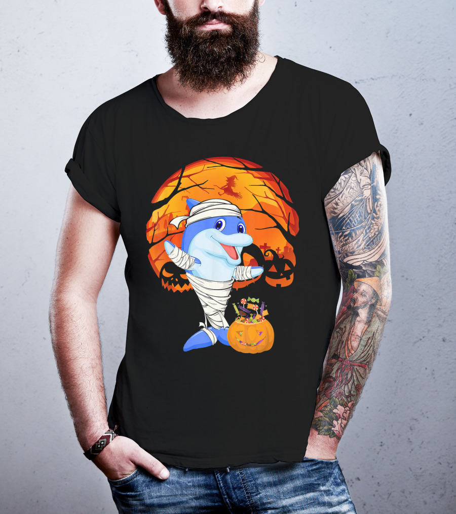 Halloween Dolphin Mummy With Candy Pumpkin And Witch Full Moon T-Shirt