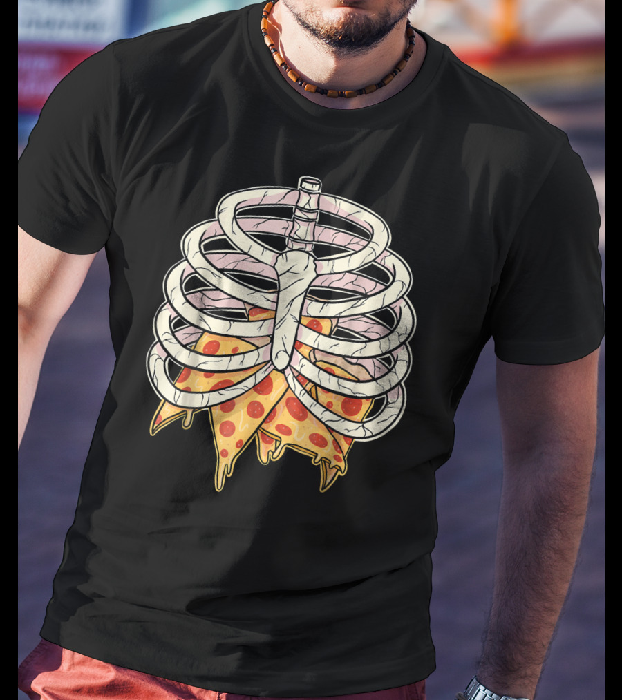Skeleton Ribcage Pizza Slice Zombie Hall T-Shirt