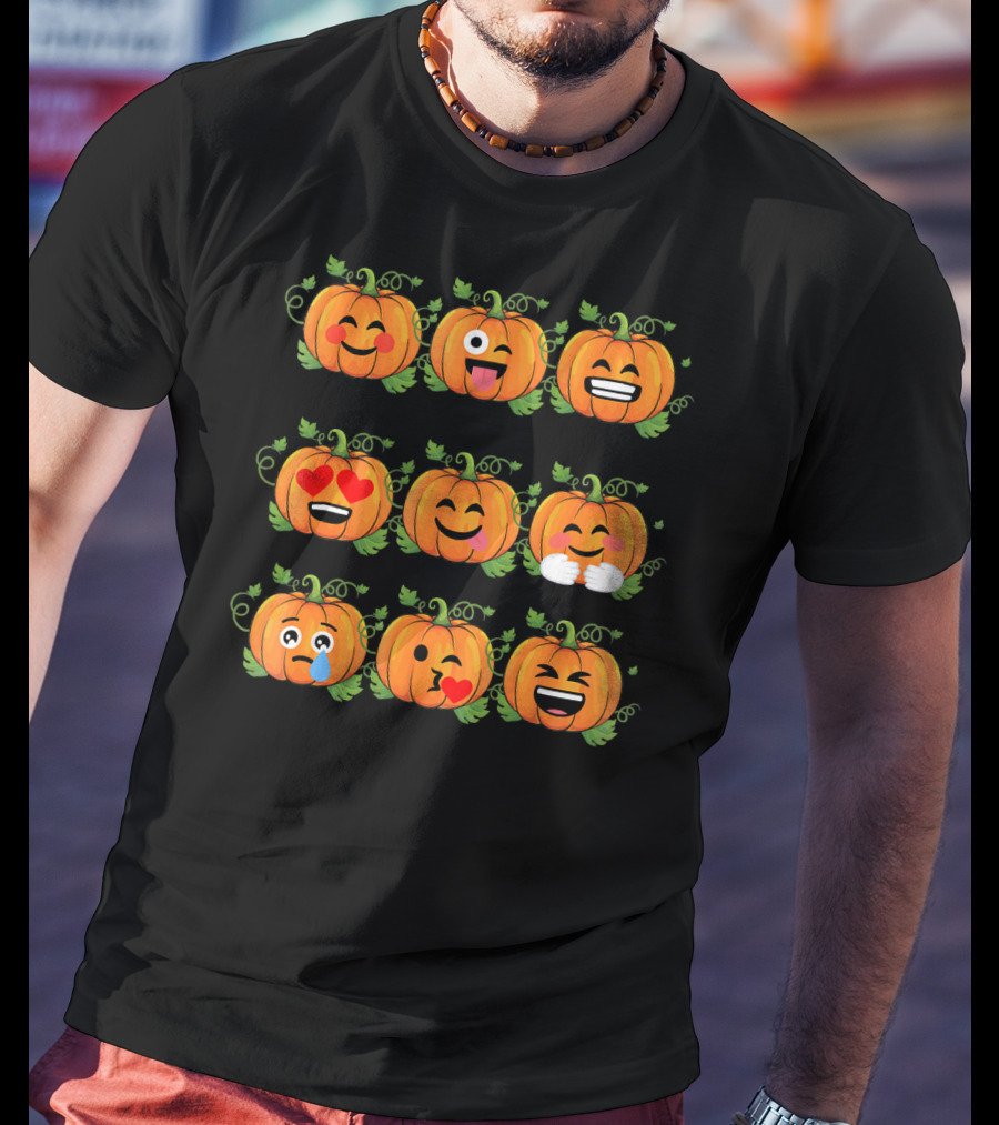 Pumpkin Emoji Faces Smiling Laughing Heart Eyes Winking Funny Expressions T-Shirt