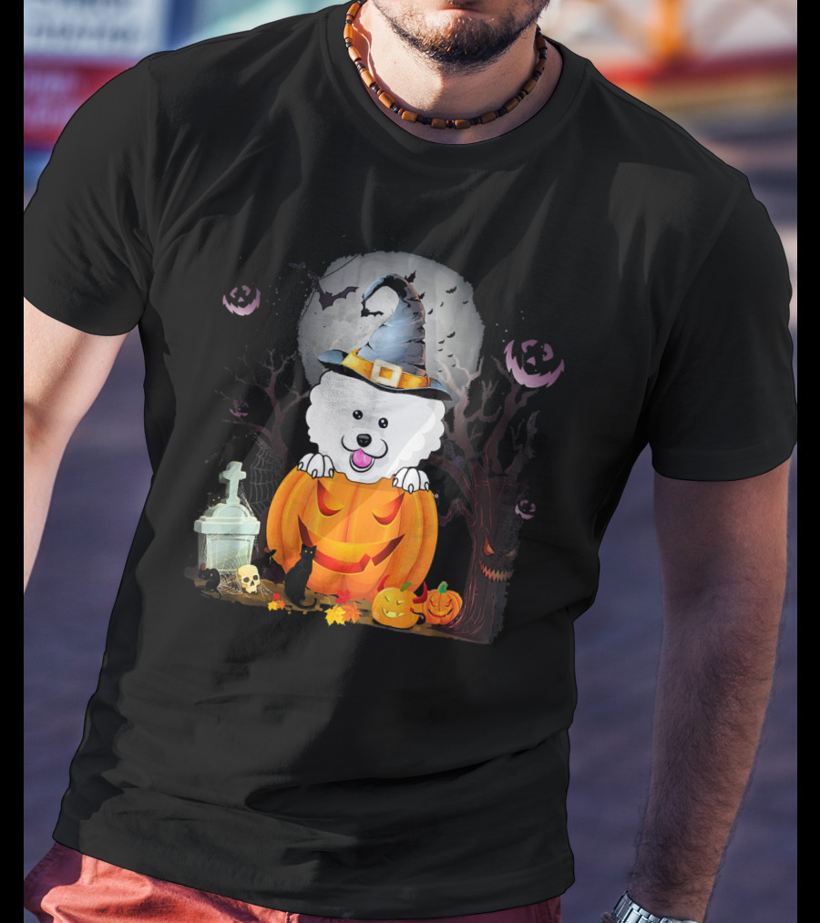 Bichon Frise Dog In Witch Hat With Halloween Pumpkin And Black Cat T-Shirt