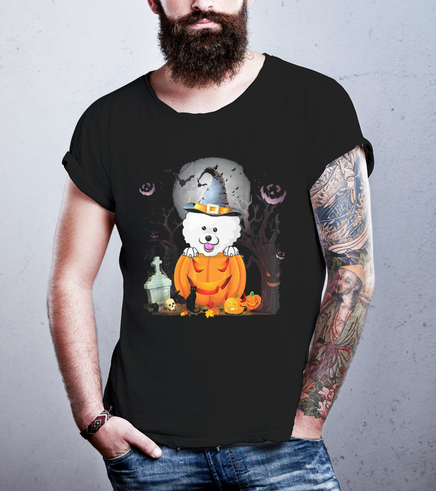 Bichon Frise Dog In Witch Hat With Halloween Pumpkin And Black Cat T-Shirt
