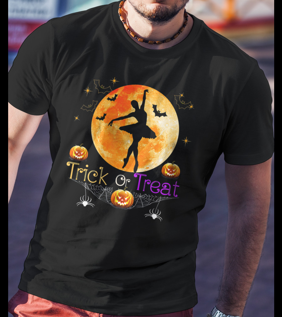 Trick Or Treat Ballerina Halloween Moon Pumpkins Bats Spiders T-Shirt