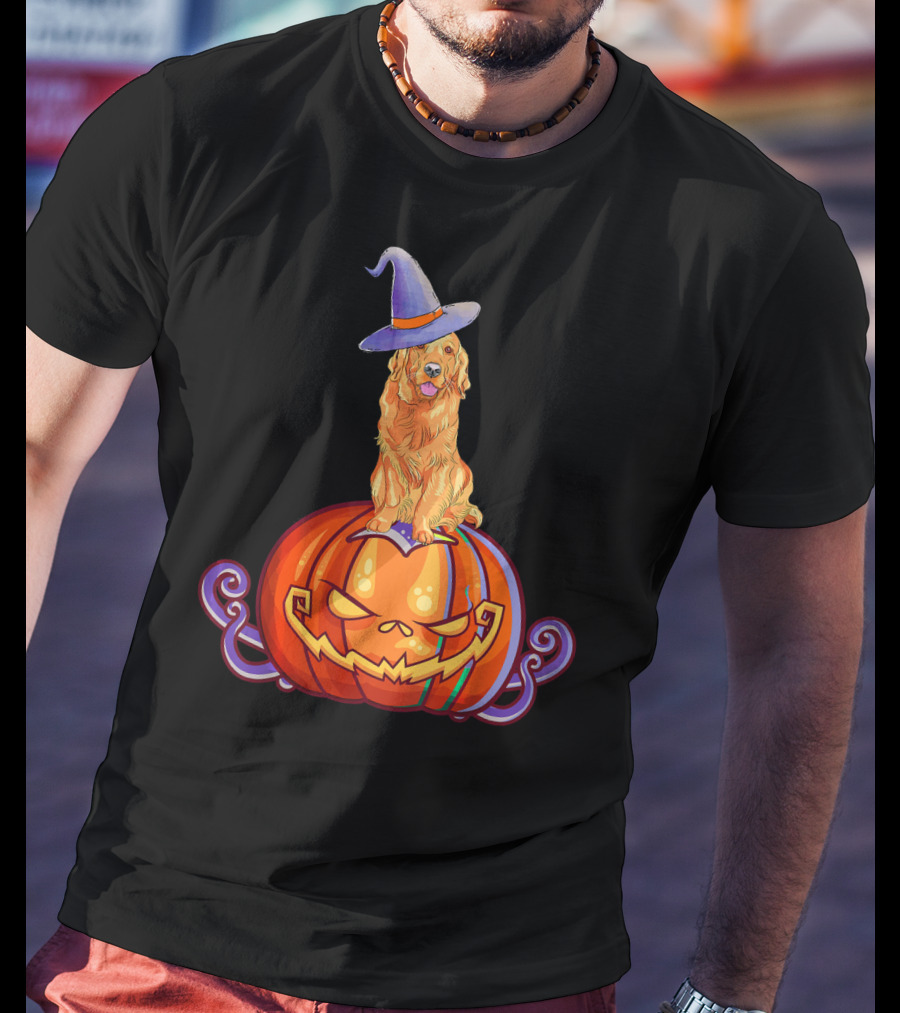 Golden Retriever Halloween Pumpkin Witch Hat T-Shirt