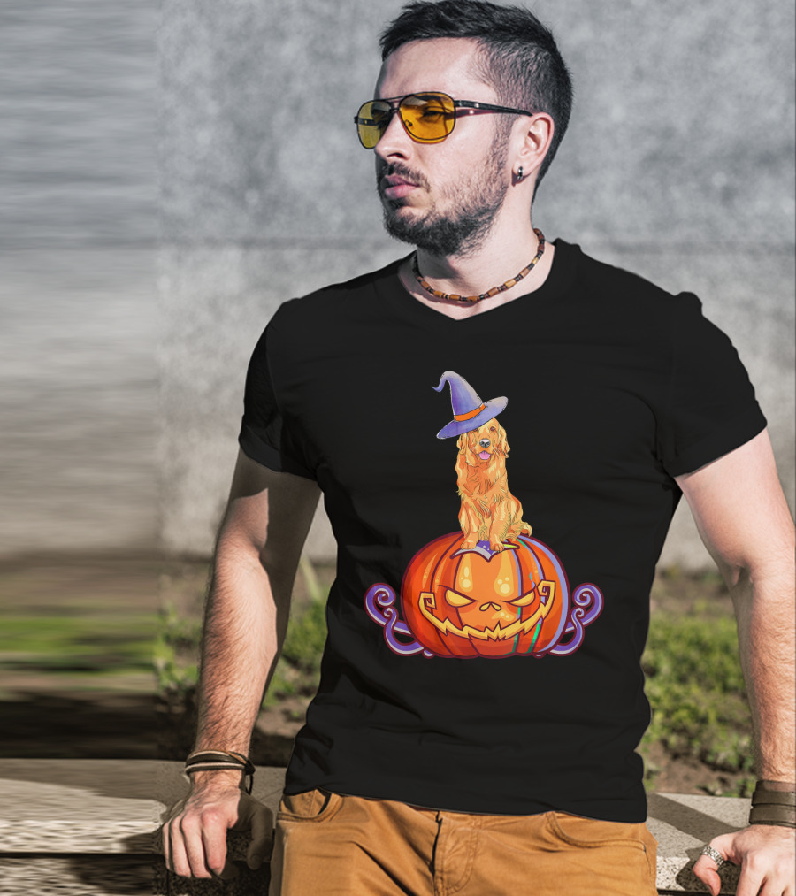 Golden Retriever Halloween Pumpkin Witch Hat T-Shirt