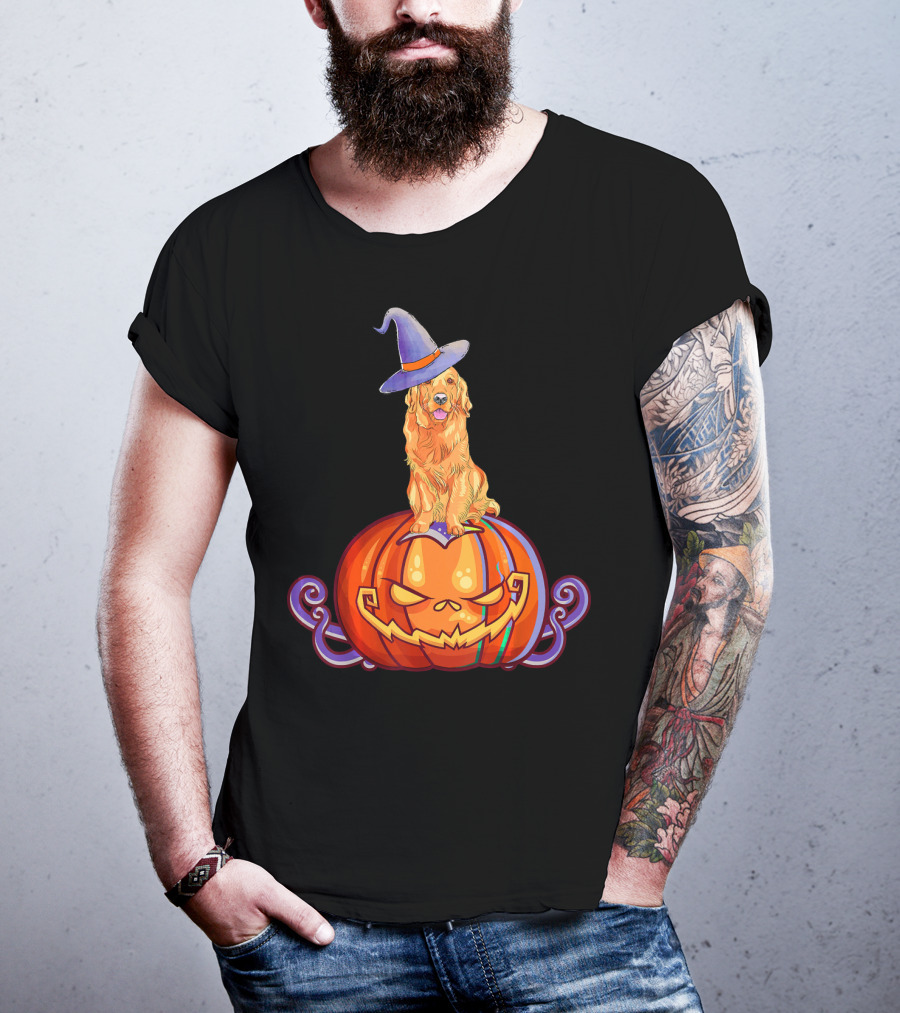 Golden Retriever Halloween Pumpkin Witch Hat T-Shirt